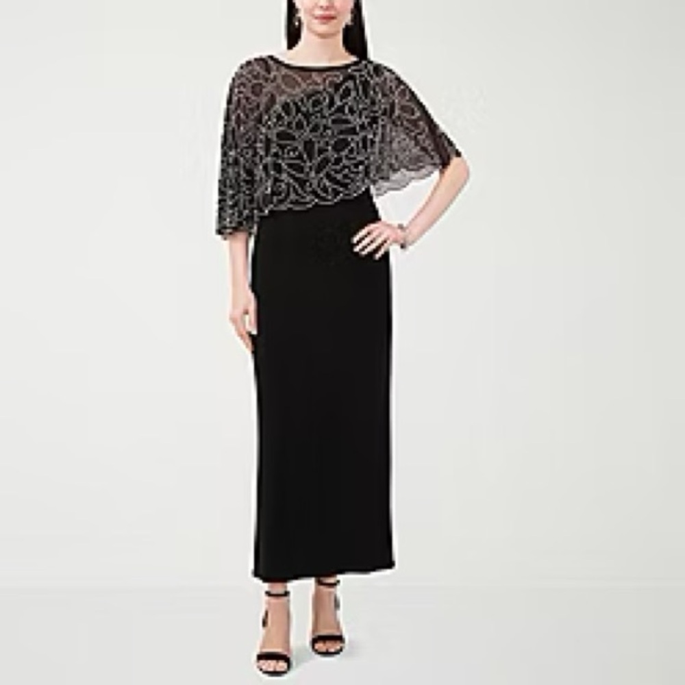 MSK Black Evening Gown with Sheer Beaded Overlay- mother of bride, guest